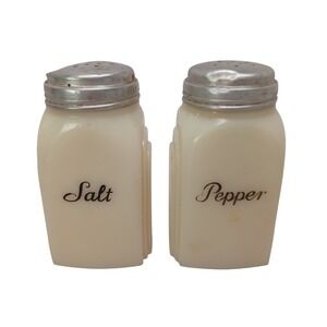 Vtg McKee Milk Glass Salt Pepper Shakers Art Deco Skyscraper White Set Metal Lid